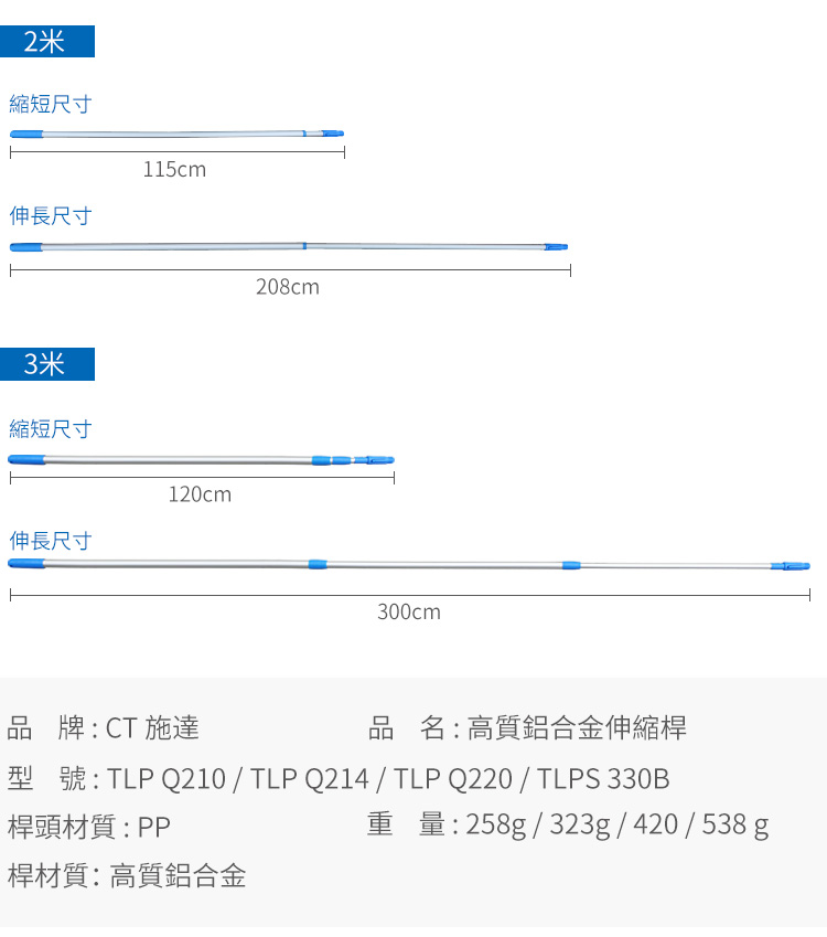CT施達 1米 1.4米 2米快速鎖伸縮桿 帶桿頭 - Cleanic Cleaning Equipment